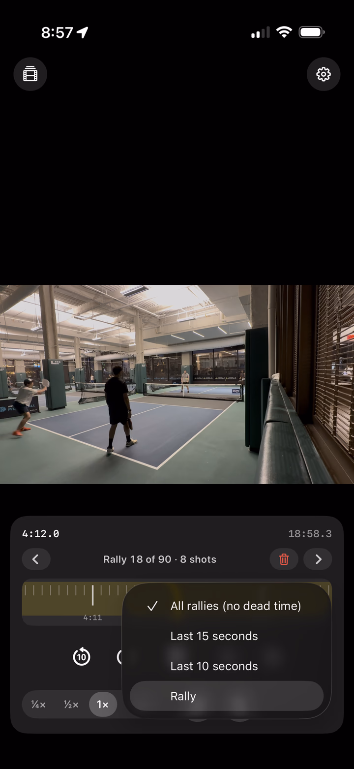 The Clip menu in Replay Rally with All rallies (no dead time), Last 15 seconds, Last 10 seconds, and Rally options.
