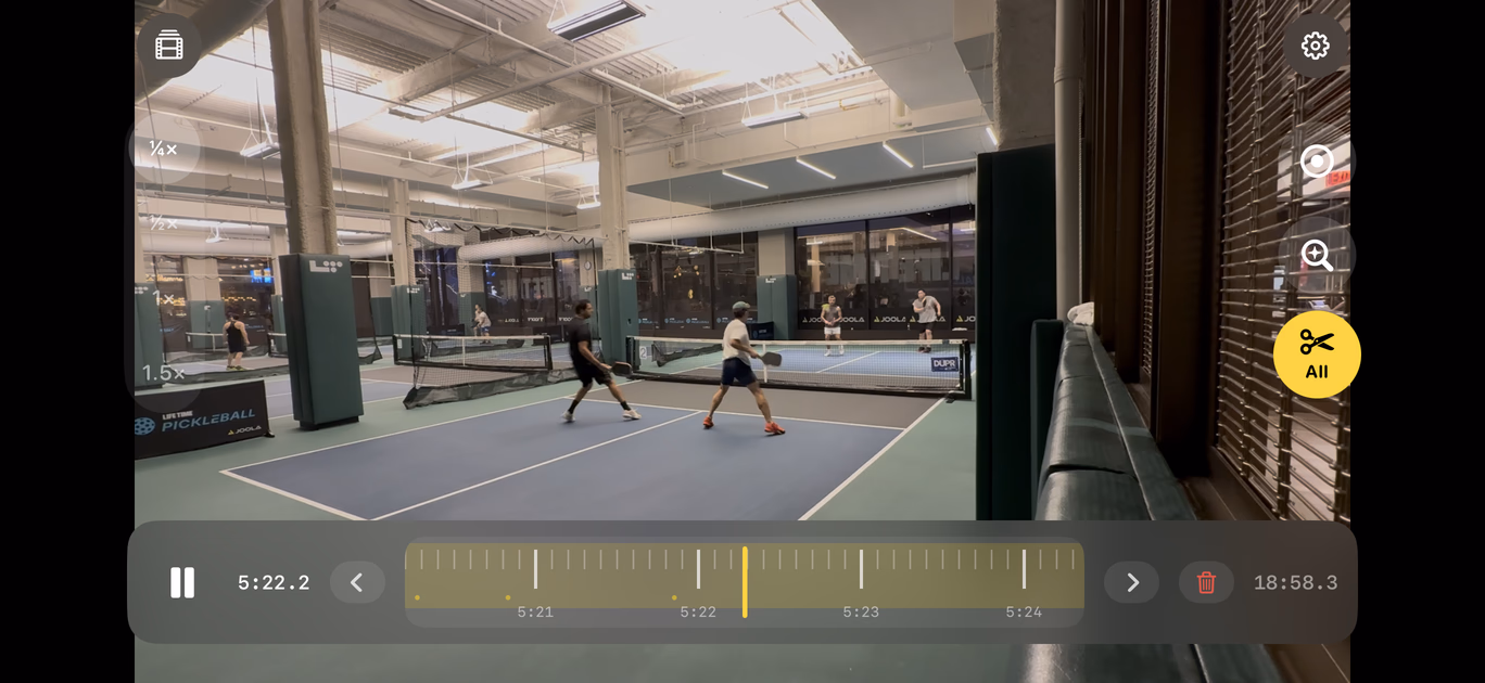 Replay Rally in landscape: a full-screen pickleball court with a thin control strip along the bottom and the Clip button in the side gutter.