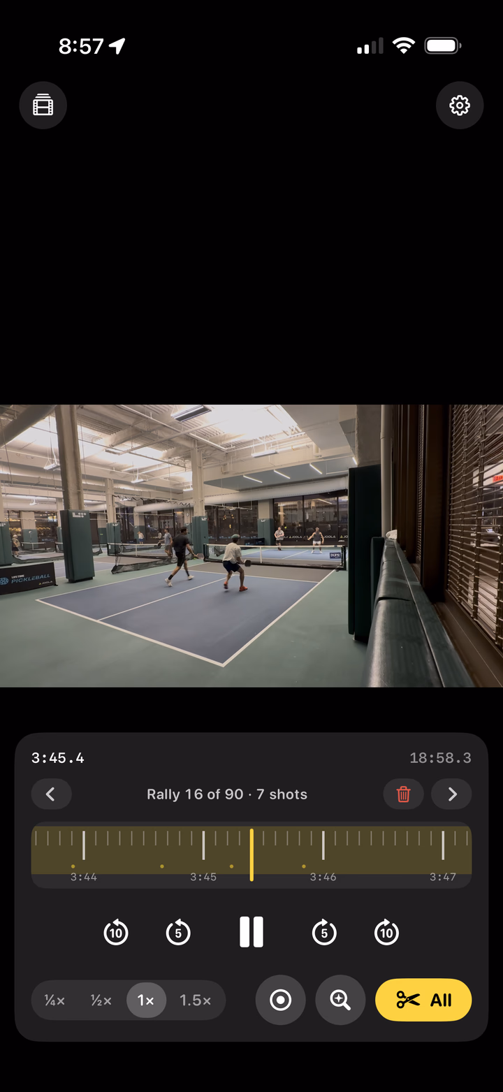 Replay Rally on iPhone showing a pickleball court, the rally bar reading Rally 16 of 90 · 7 shots, and the jog wheel with a yellow rally band and shot dots.